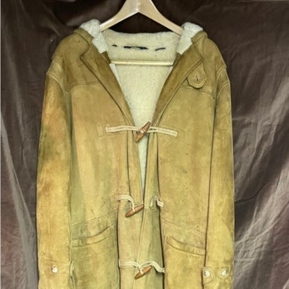 Vintage polo ralph lauren shearling mens coat with hood Wool Lined Wood Buttons